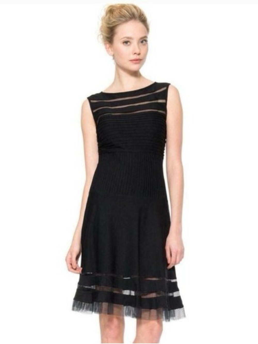 Tadashi Shoji Illusion Midi Dress Black Sleeveless Jersey Cocktail Party Small